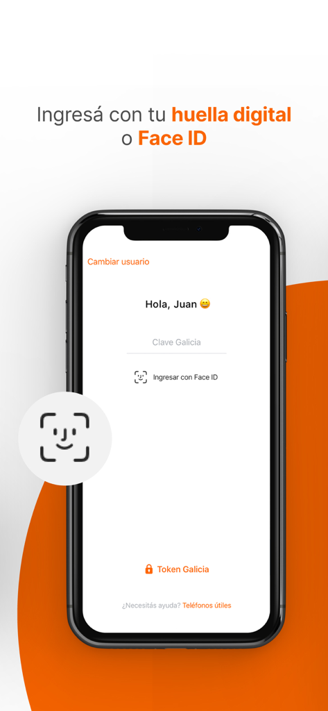 Login screen of the Galicia banking app showing Face ID and fingerprint authentication options