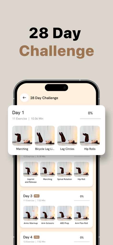 Wall Pilates Workout - Pilato - Interfaz de la aplicación Pilato mostrando el horario de entrenamiento del Reto de 28 Días con ejercicios diarios