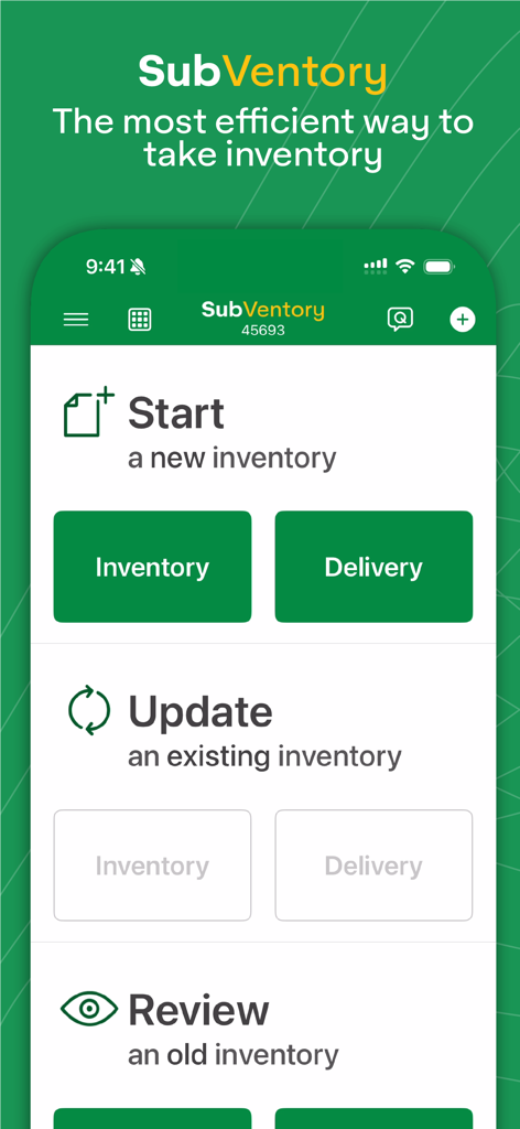 SubVentory - SubVentory app interface with options to start, update, and review restaurant inventory and deliveries