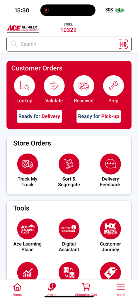 A tela inicial do aplicativo Ace Retailer Mobile Assistant mostrando opções de gerenciamento de varejo para pedidos de clientes e da loja