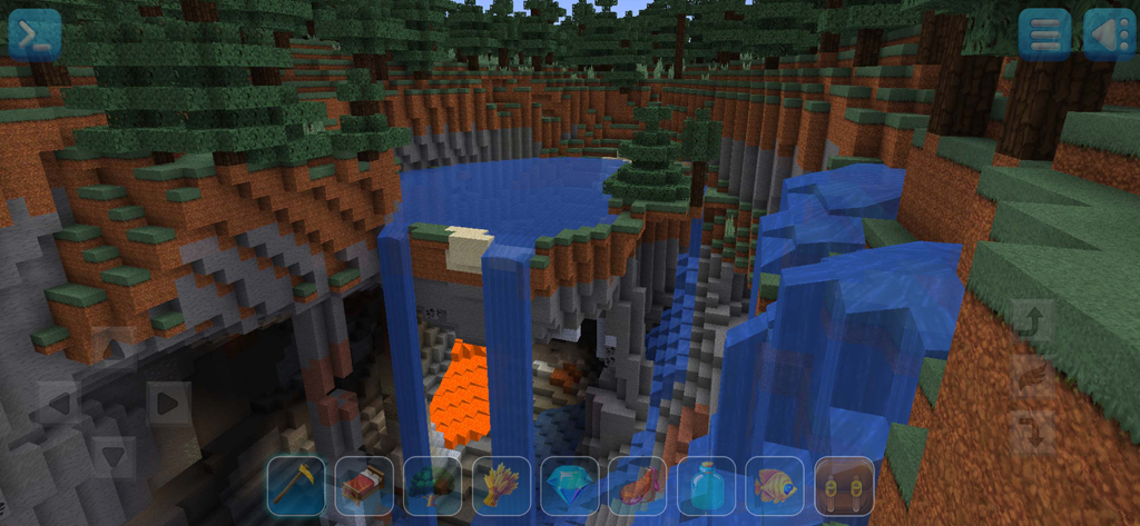 RealmCraft: mine & craft world - Un paesaggio di mondo di blocchi 3D in RealmCraft che mostra una cascata e oggetti dell'inventario