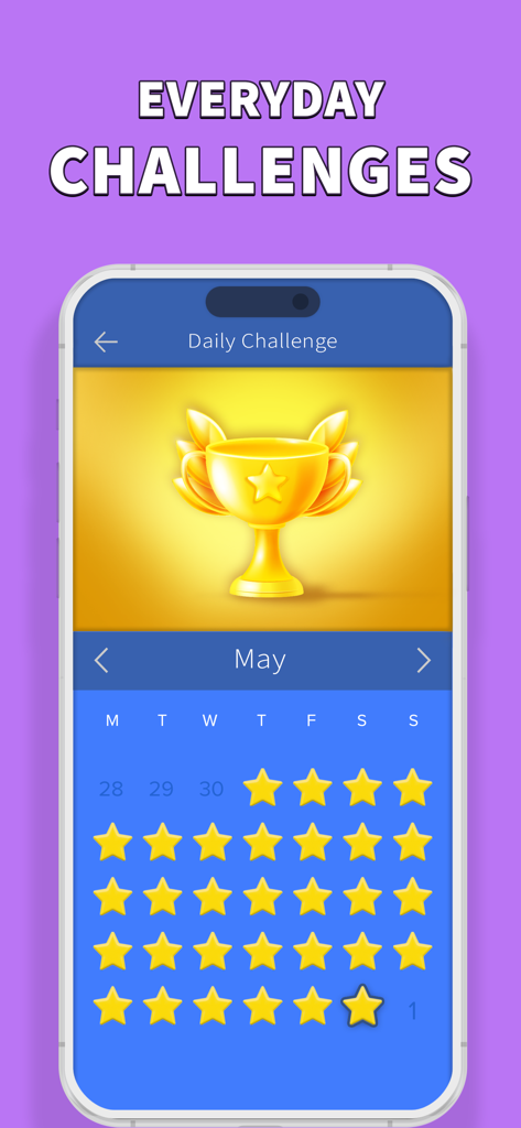 Daily challenges calendar with a golden trophy in One Line Drawing Puzzle Game.