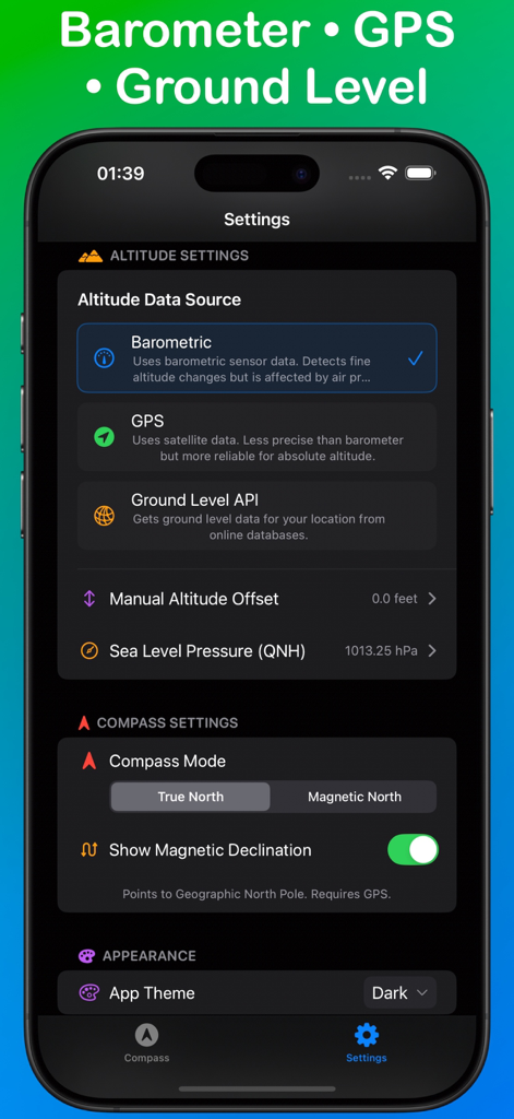 TrueNorth: Compass, Altimeter - TrueNorth app settings screen showing altitude source options and compass navigation modes