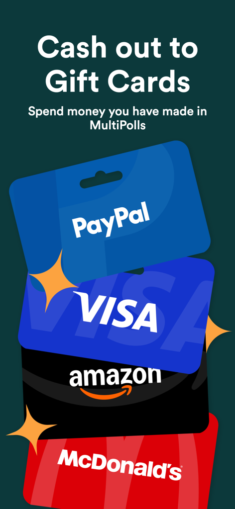 Pila de tarjetas de regalo de PayPal, Visa, Amazon y McDonald's para retirar ganancias en MultiPolls