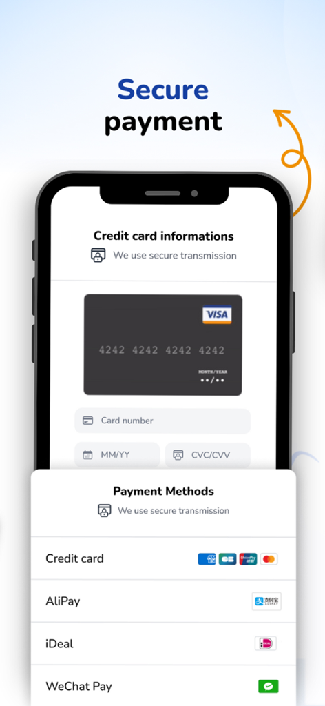 Pantalla de pago seguro de la app de Louvre Hotels Group que muestra opciones de tarjeta de crédito y billetera digital