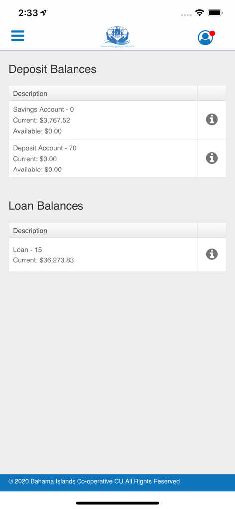 Bahama Islands Co-operative CU - Bahama Islands Co-operative CU mobile app showing deposit and loan account balances.