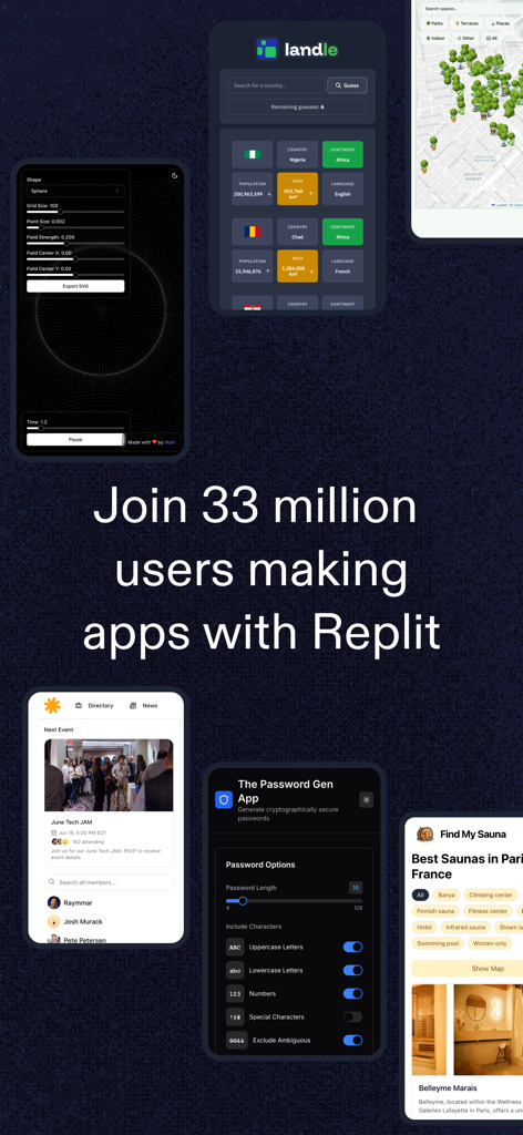 A collage showing various mobile apps created by the Replit community with text inviting others to join 33 million users.