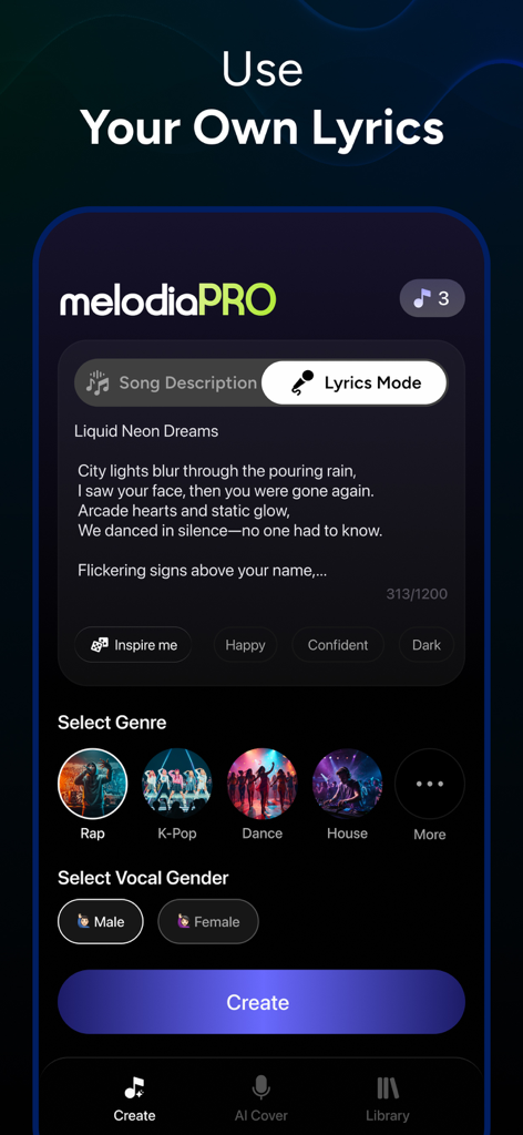 The Melodia app interface showing the lyrics mode where users can enter custom lyrics and select genres like Rap or K-Pop to generate music.