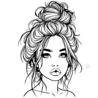 realistic girl with a messy bun and she has lips
