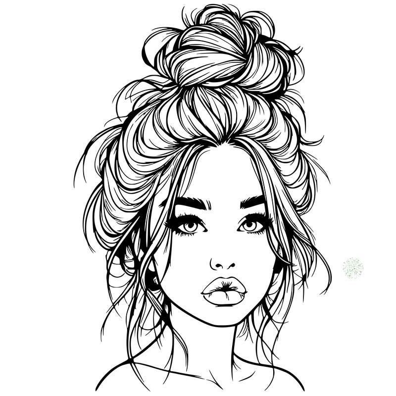 realistic girl with a messy bun and she has lips