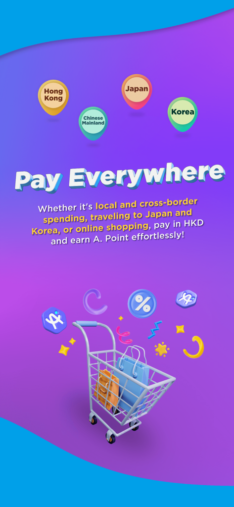 AlipayHK - AlipayHK app promotional screen for cross-border payments in Hong Kong, Chinese Mainland, Japan and Korea with a digital shopping cart.