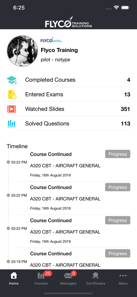 Flyco - Flyco aviation training app dashboard with pilot stats and course progress
