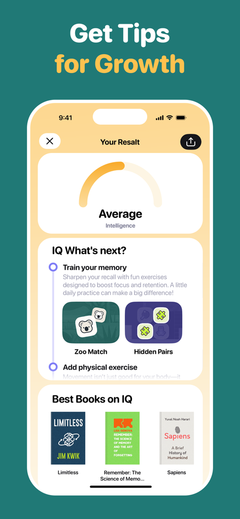 BrainGain - Brain Training - Écran de l'application BrainGain montrant les résultats du test de QI et des conseils de croissance personnalisés.