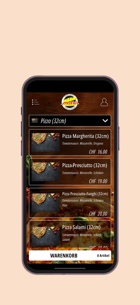 Menú de la aplicación móvil Mali Pizza Kebap mostrando la selección de pizzas con precios y botón de carrito
