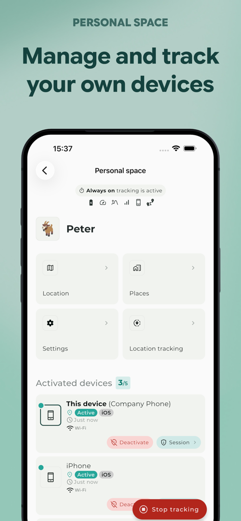 Paralino: Secure Phone Tracker - A screenshot of the Paralino app showing the Personal Space interface for tracking and managing multiple personal iOS devices.