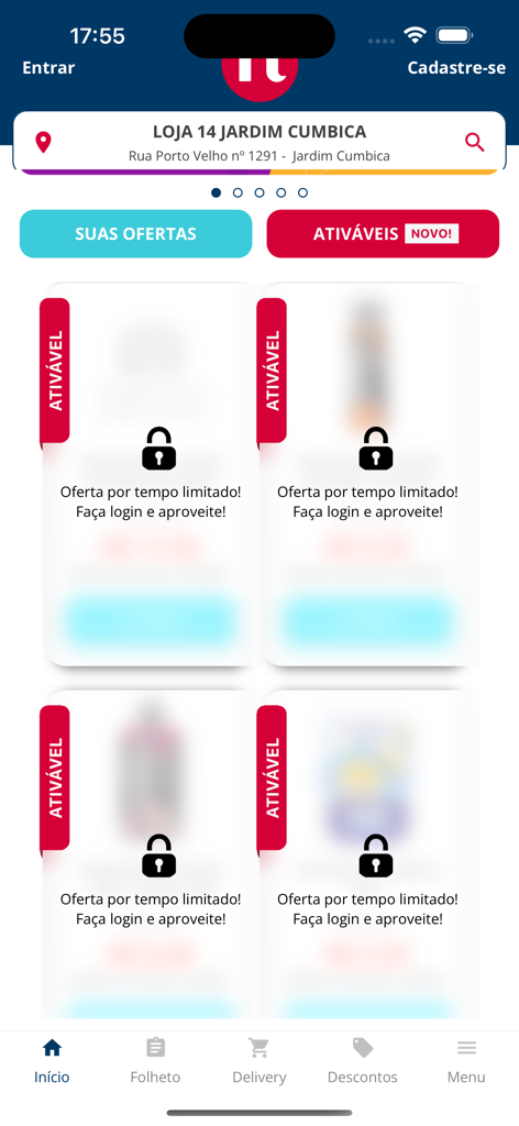 Meu Nagumo - A tela inicial do app de mercado Meu Nagumo exibindo ofertas por tempo limitado e seleção de localização da loja