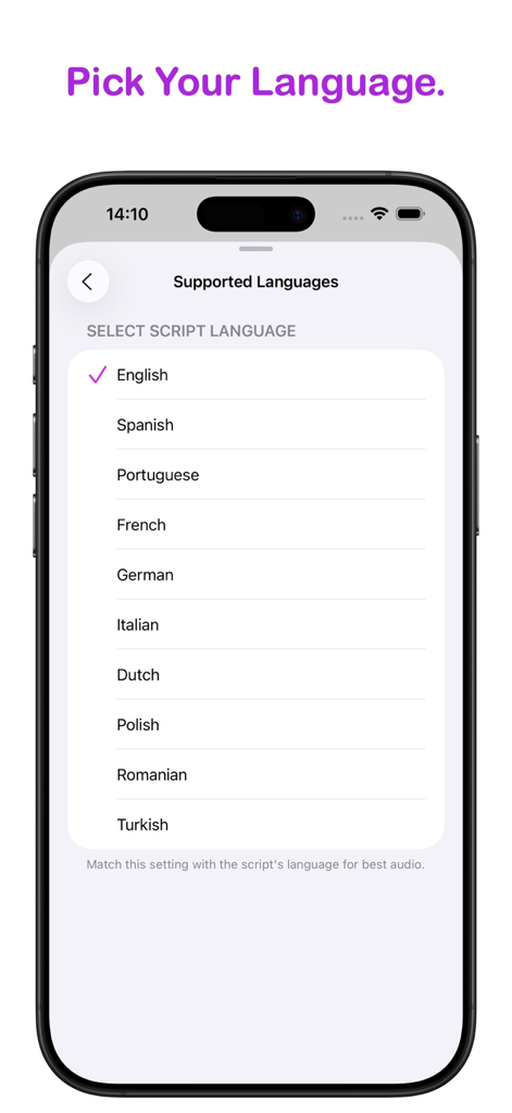 A screenshot of the Script Buddy app showing the language selection screen for scripts.