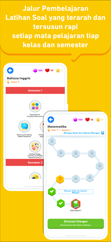 Soal Ujian SMP + TKA - Educational app interface showing structured learning paths for middle school English and Math subjects