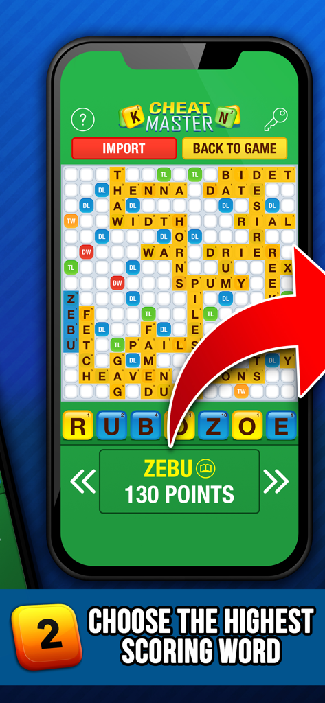 Cheat Master app interface showing a suggested word worth 130 points on a game board