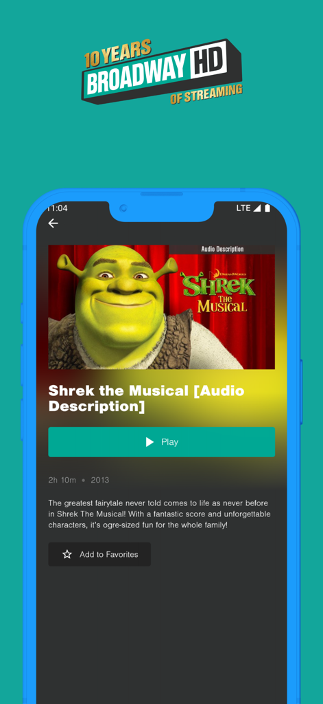 BroadwayHD - Shrek the Musical details page on the BroadwayHD mobile app featuring a play button and show description