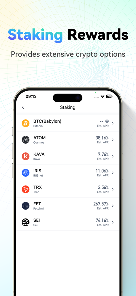 CoinEx Wallet - Crypto & DeFi - Interfaz de CoinEx Wallet listando las recompensas de staking y el APR estimado para varios activos digitales.