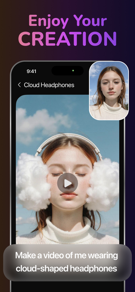 Mobile app interface showing AI generated video of a woman wearing cloud shaped headphones based on a text prompt