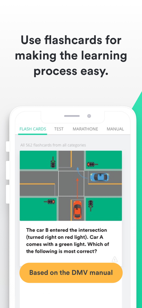 A screenshot of the DMV Driving Test app displaying educational flashcards with traffic rules questions.
