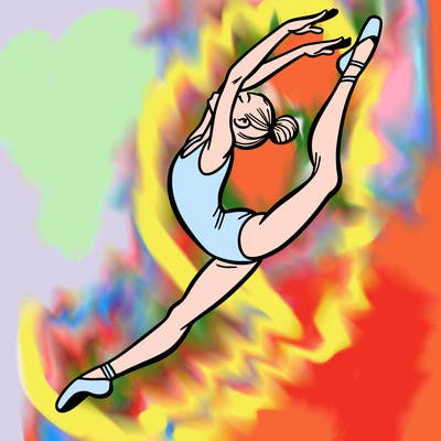 gymnast doing a leap in a leotard with a bent back leg