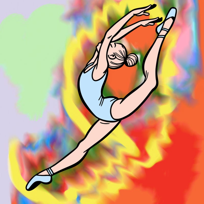 gymnast doing a leap in a leotard with a bent back leg