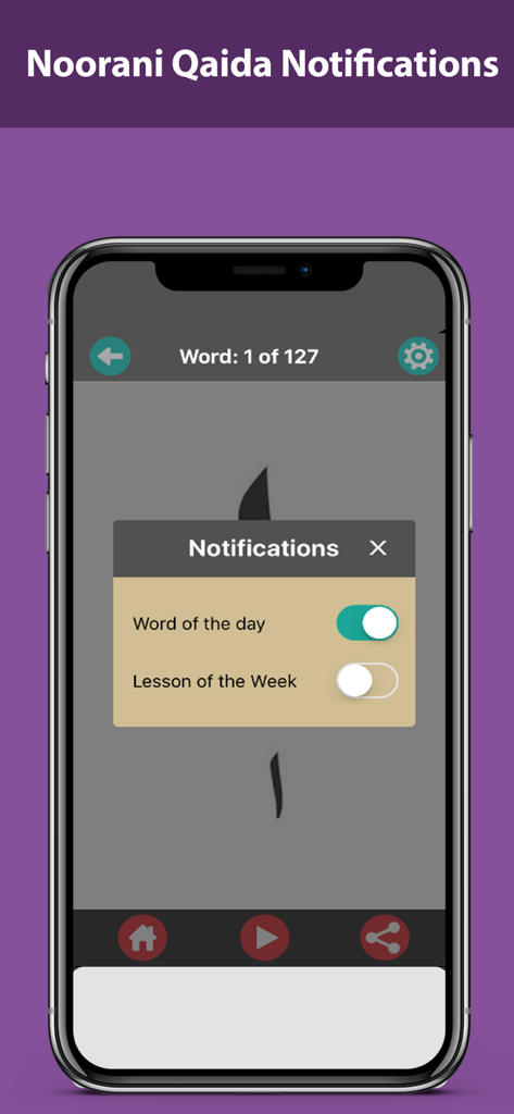 Noorani Qaida – Learn Quran - Notification settings screen in the Noorani Qaida app showing options for Word of the Day and Lesson of the Week