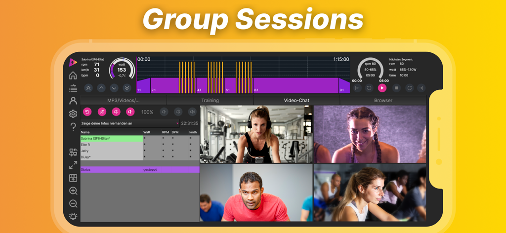 icTrainer: Indoor Cycling App - icTrainer app interface showing a group training session with live video chat and workout performance metrics
