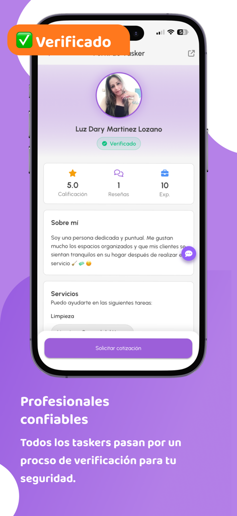 Tasky - Servicios en un clic - Pantalla de perfil de profesional verificado en la aplicación móvil Tasky
