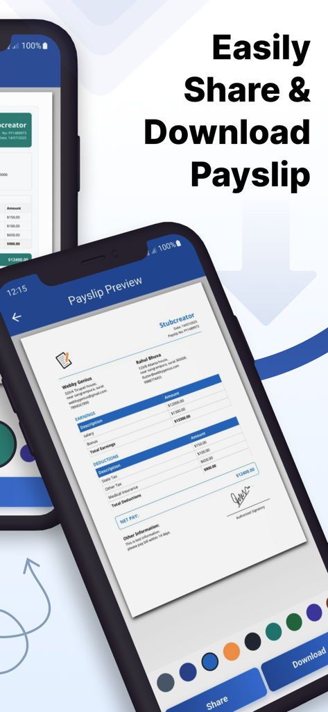 Payslip preview screen showing earnings and deductions with options to share or download the document