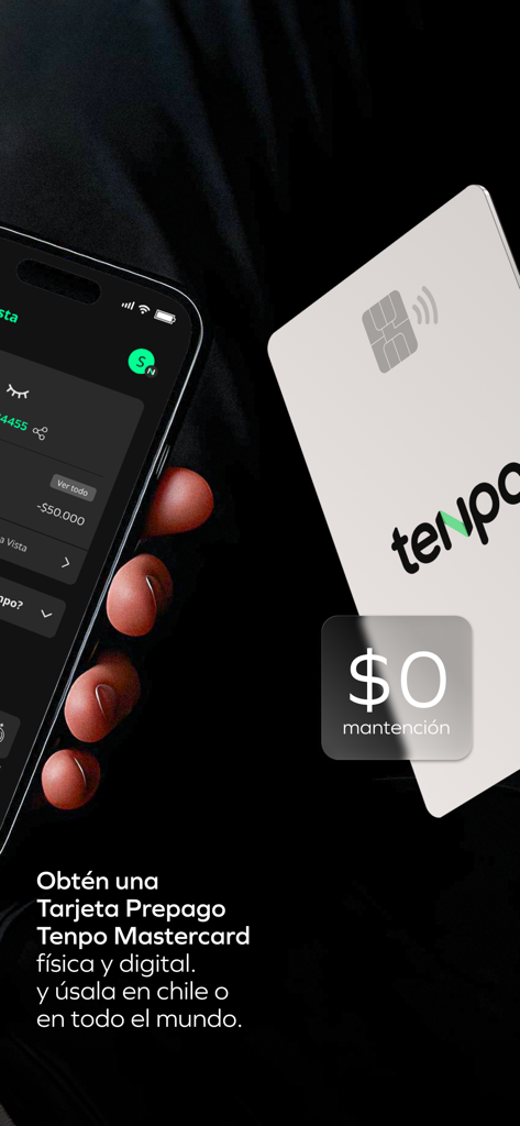 Tenpo - Una cuenta muy tú - Una persona tiene uno smartphone con l'app Tenpo aperta accanto a una Mastercard Tenpo fisica senza commissioni di mantenimento.