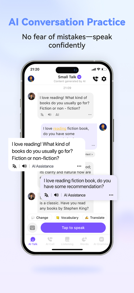 자신감 있게 영어 대화를 연습하기 위한 AI 채팅 인터페이스