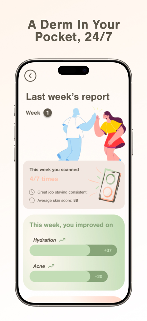 Skan - AI Skincare and Beauty - Weekly skin report from the Skan AI app showing hydration and acne improvements
