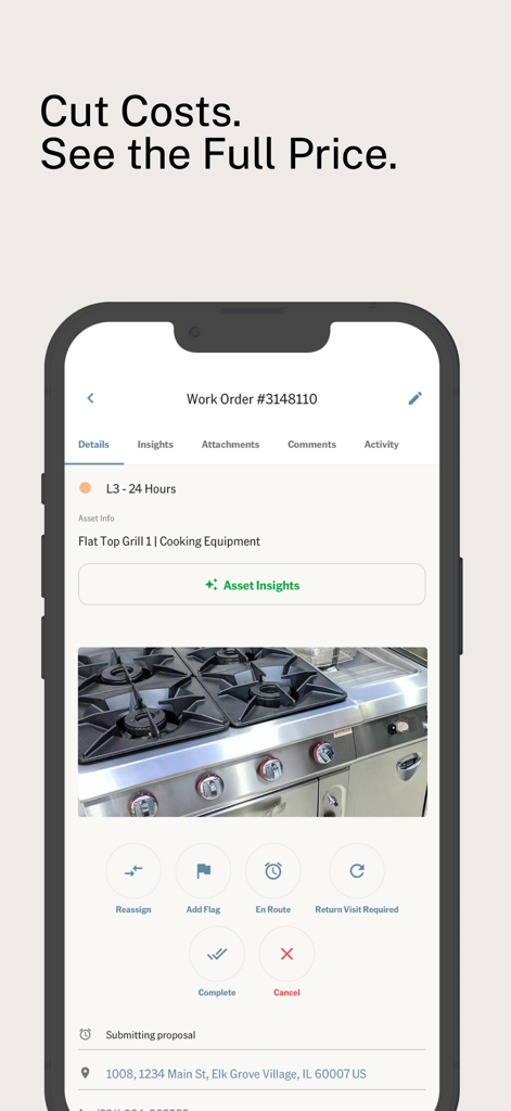 Ecotrak - Ecotrak mobile app interface showing a work order for a commercial flat top grill repair.