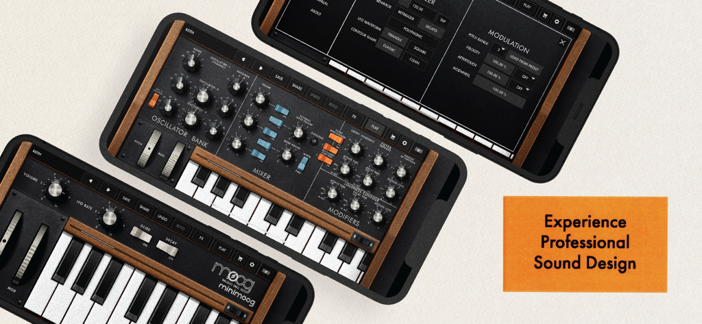 Three smartphones displaying different screens of the Minimoog Model D synthesizer app interface