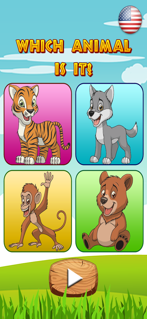 Una pantalla de juego de Nombres y Sonidos de Animales que muestra ilustraciones de un tigre, lobo, mono y oso