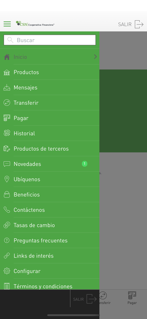CSN Móvil - Menú lateral de la aplicación CSN Movil que muestra opciones bancarias como transferencias y pagos