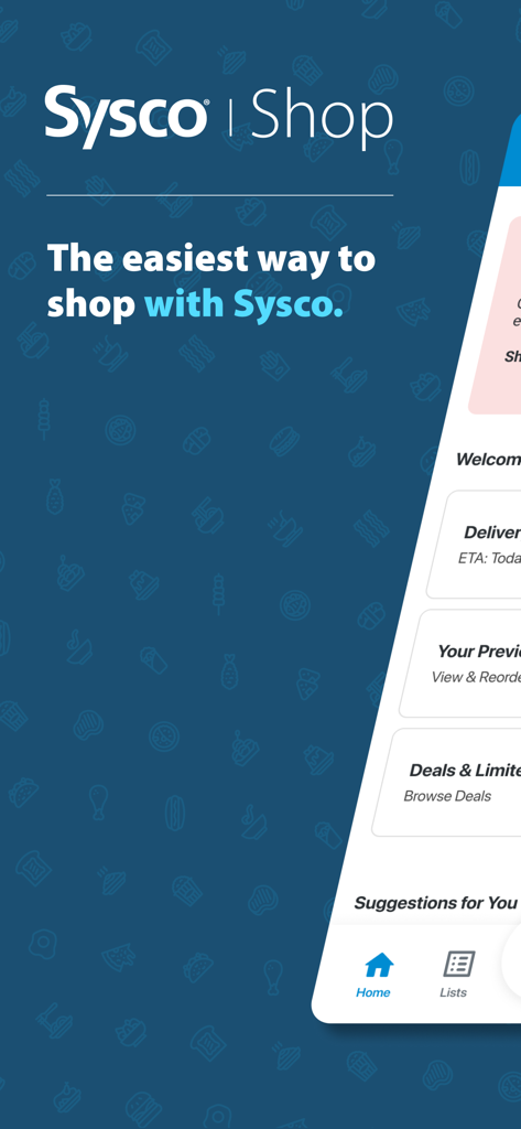 Sysco Shop - Pantalla de inicio de la aplicación móvil Sysco Shop mostrando seguimiento de entregas y opciones de pedido