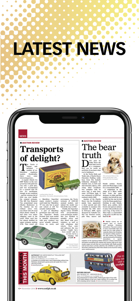 Collectors Gazette - Collectors Gazette mobile app news feed showing auction reviews and new vintage toy releases