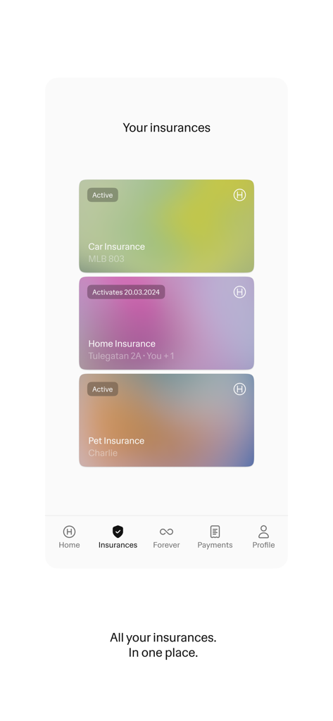 Hedvig - Hedvig app interface showing a list of car, home, and pet insurance policies in a minimalist design