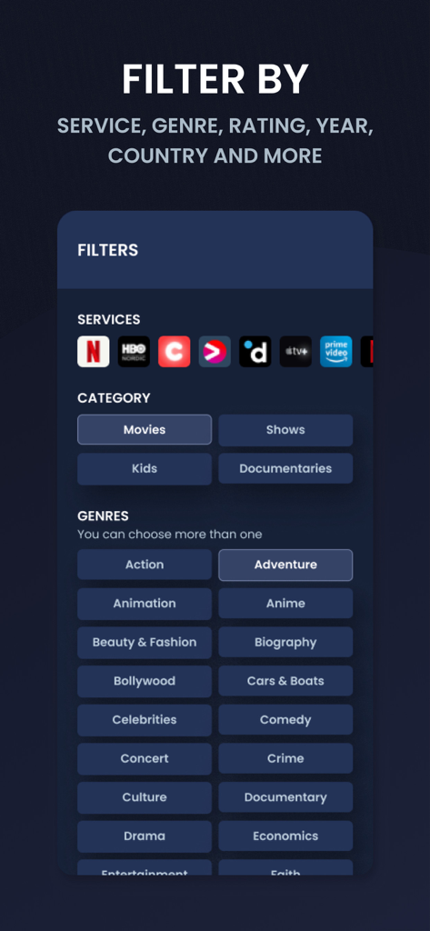 PlayPilot - PlayPilot app interface showing advanced search filters for streaming services, movie categories, and genres.