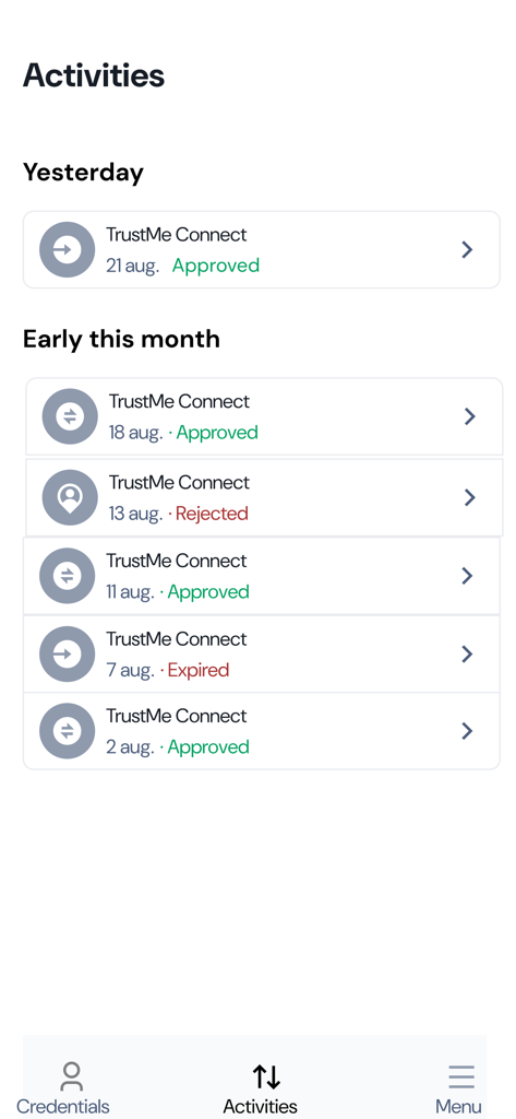 TrustMe: Your Digital Identity - TrustMe app activities screen displaying a history of digital identity connection requests with statuses like approved rejected and expired
