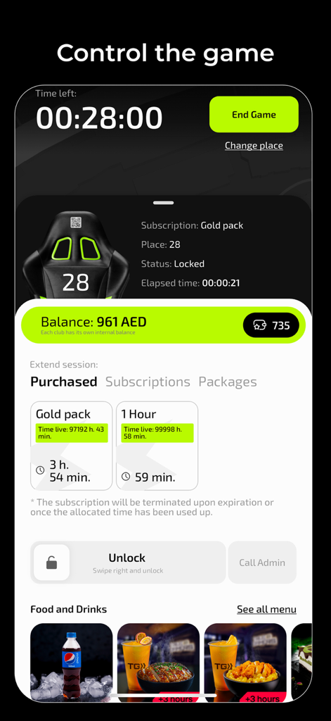 iZi.Play app interface displaying gaming session time remaining, account balance, and food ordering options