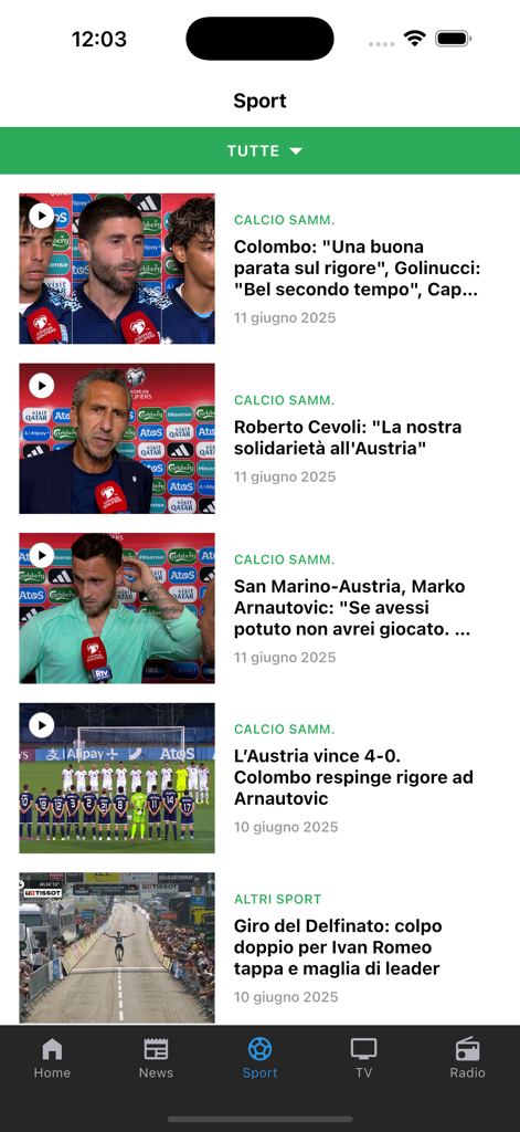 San Marino RTV - Seção de notícias esportivas do aplicativo San Marino RTV com manchetes de futebol e ciclismo