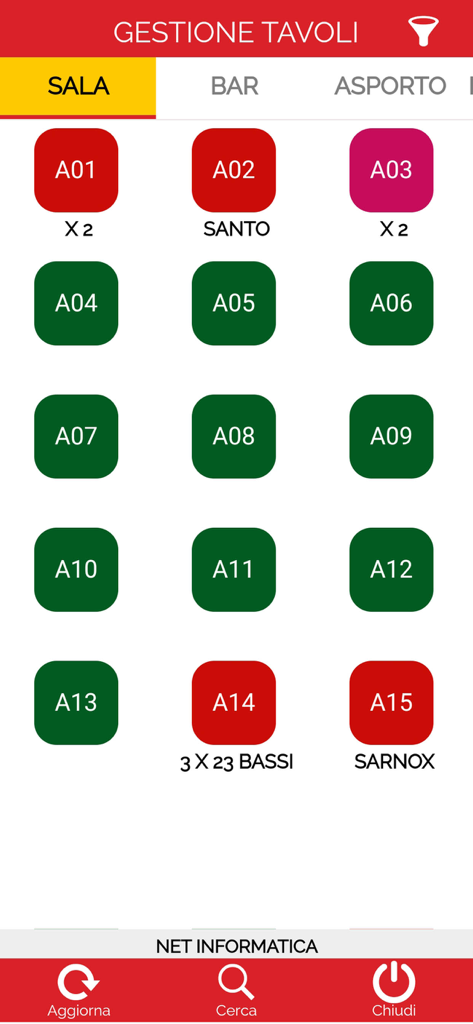 NetFood Order - NetFood Order app screen showing restaurant table status management grid with color coded icons