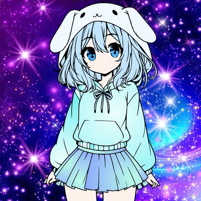 pretty anime girl wearing a fluffy hoodie with bunny ears on the hood and a skirt