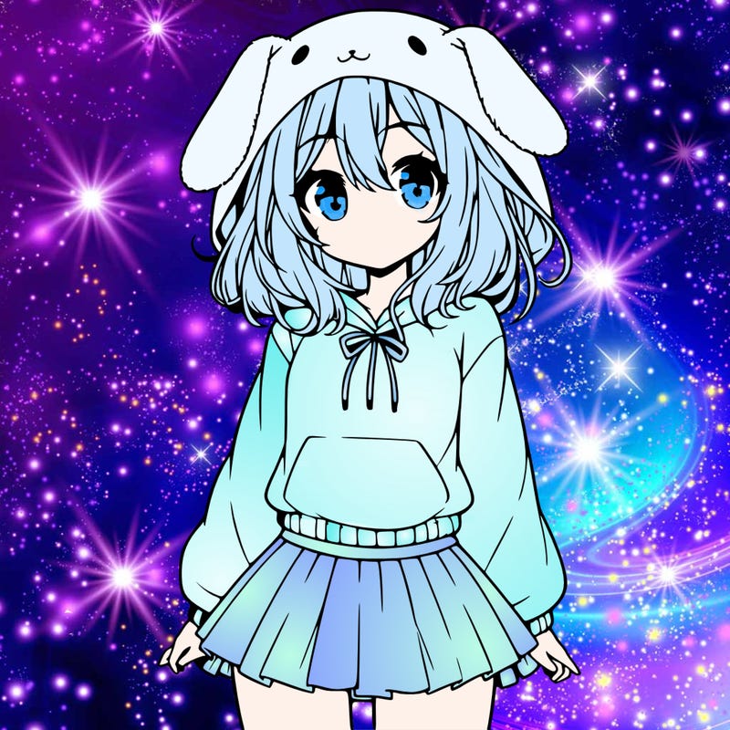 pretty anime girl wearing a fluffy hoodie with bunny ears on the hood and a skirt